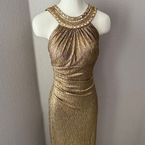 Xscape Halter Neckline Gold Foil Beaded Rhinestone Fitted Long Evening Dress Sz8